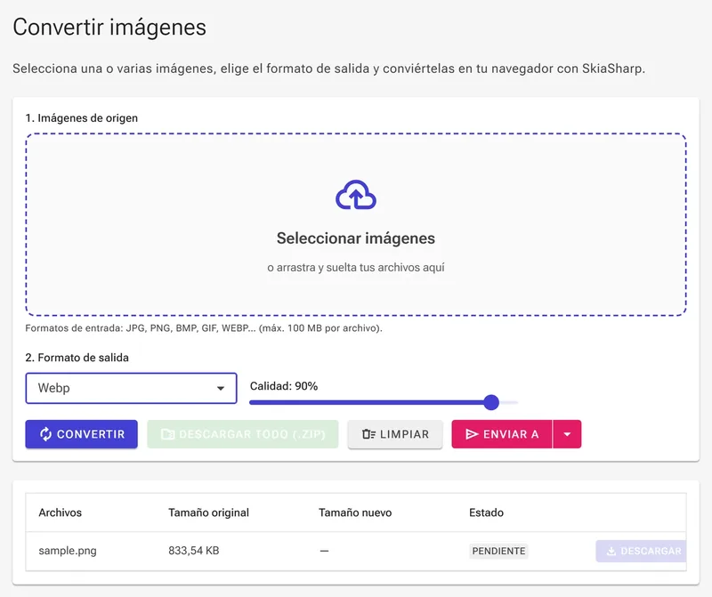 Seleccionar el formato WebP