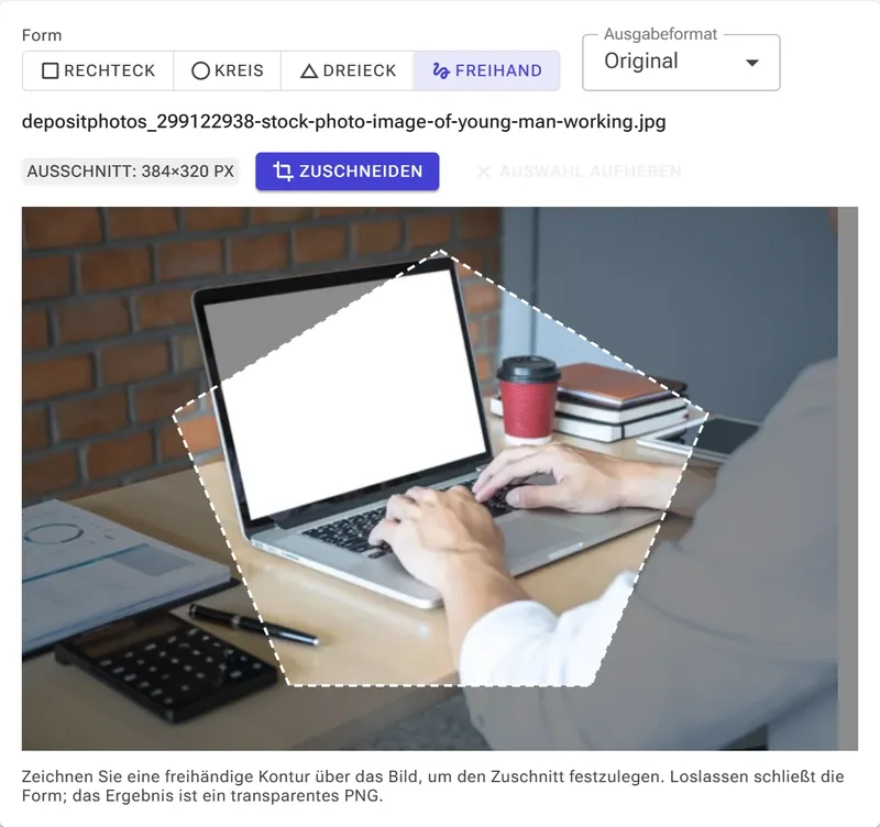 Freihandzuschnitt — beliebiges Polygon zeichnen.