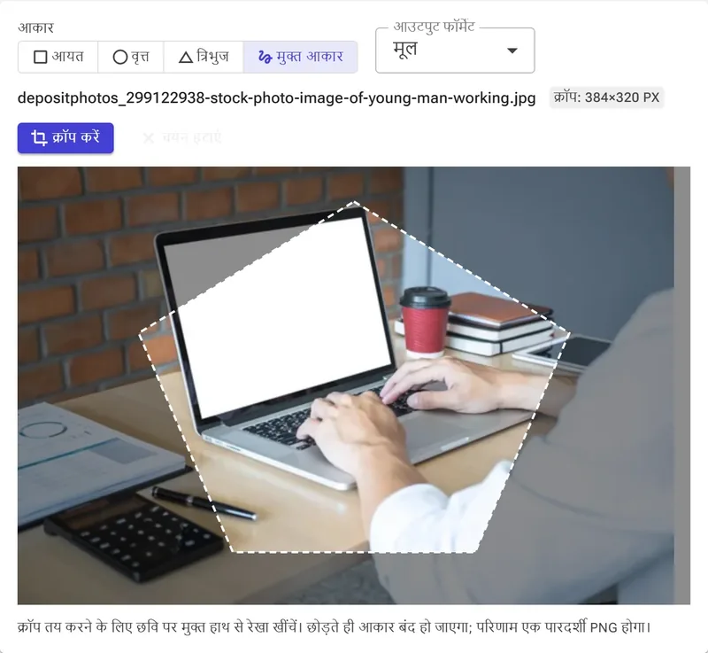 मुक्त आकार क्रॉप — कोई भी बहुभुज खींचें।