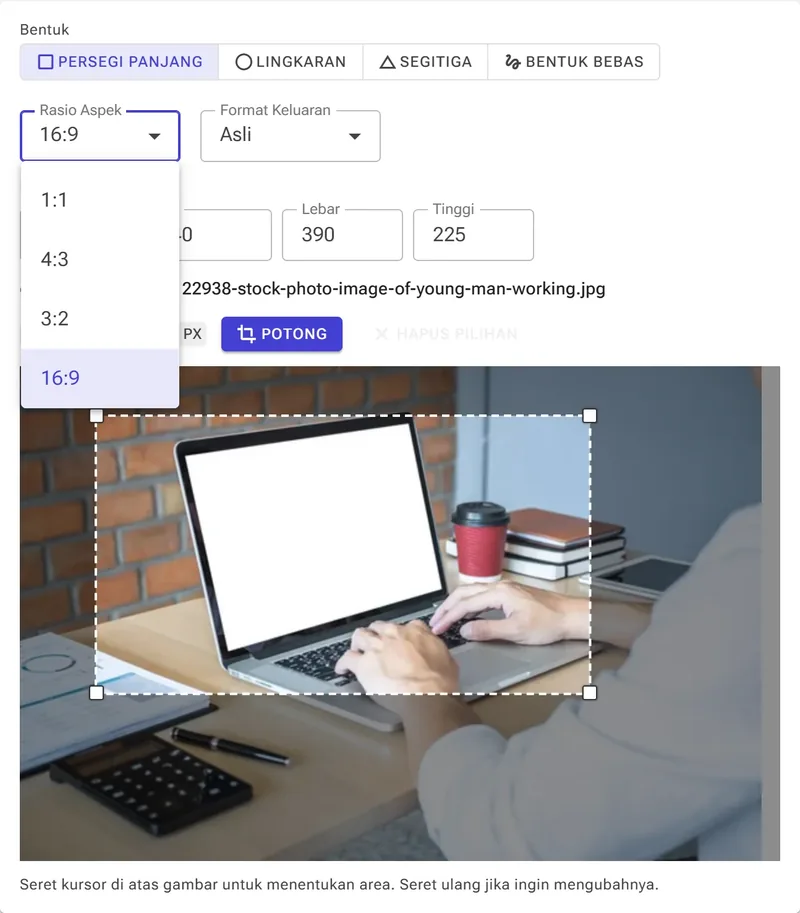 Rasio 16:9 terkunci — kotak mempertahankan proporsinya.