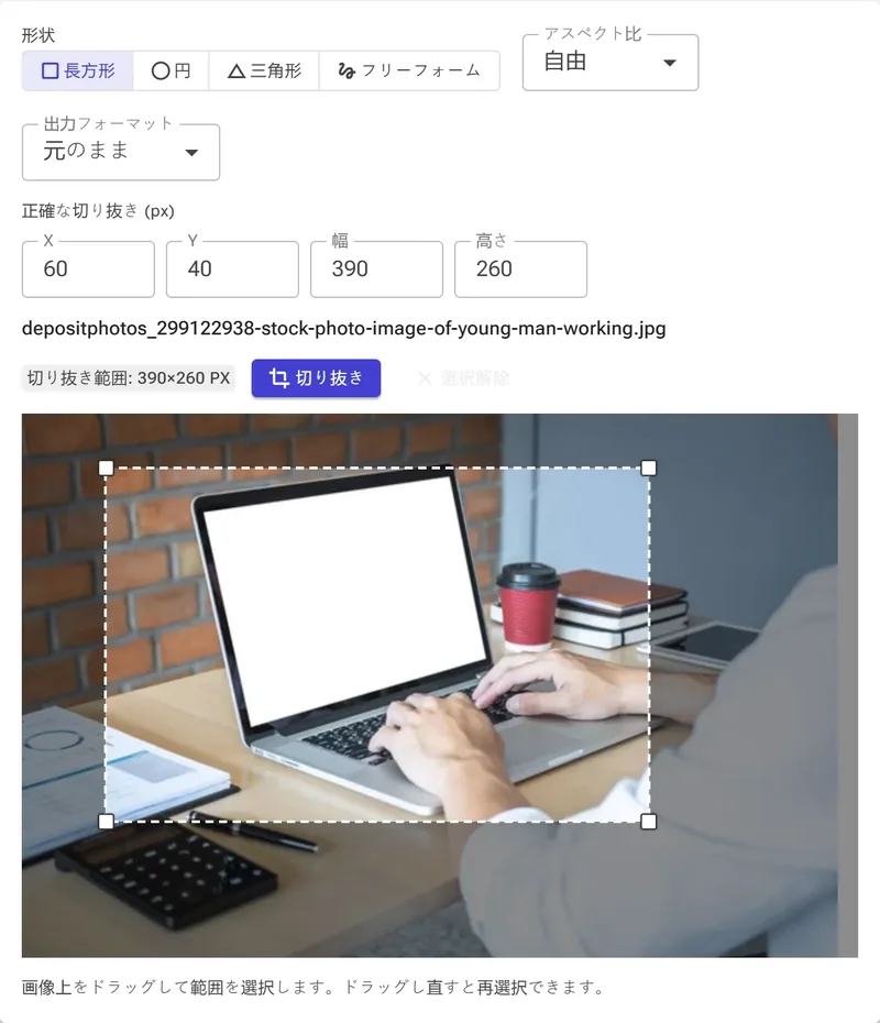長方形の切り抜き — ドラッグして被写体をフレームに収めます。