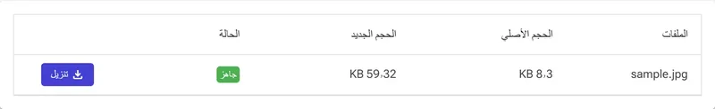 قائمة النتائج مع حالة جاهز وأزرار التنزيل