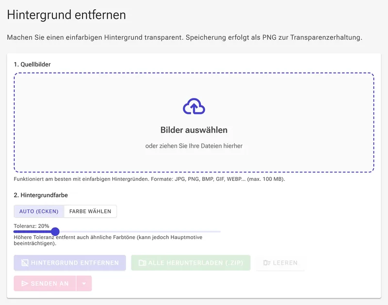 Ablagebereich des Hintergrund-Entferners mit der Schaltfläche Bilder auswählen