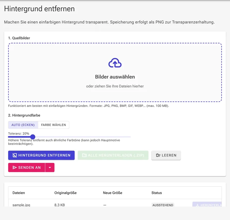 Hochgeladenes Bild mit Modus Auto (Ecken) und Toleranz-Regler