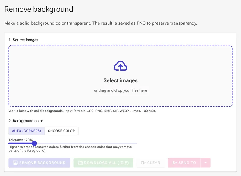 Background remover drop zone with the Select images button