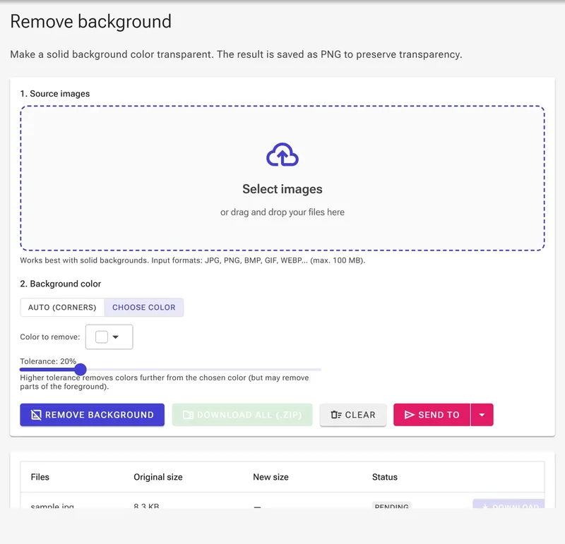 Choose color mode with a color picker for the background to remove
