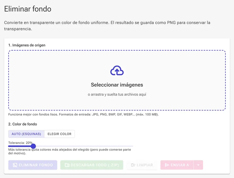 Zona de carga del eliminador de fondos con el botón Seleccionar imágenes