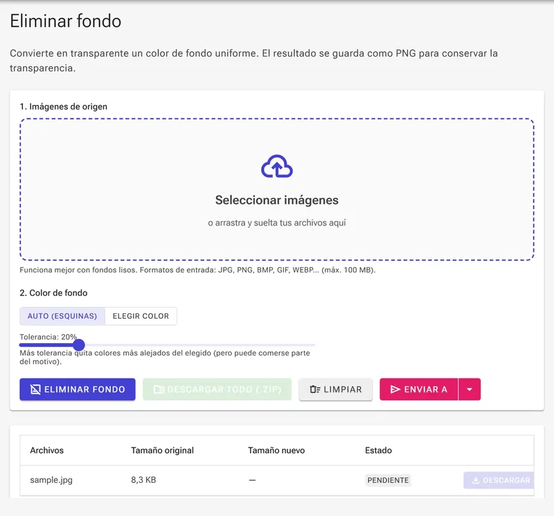 Imagen cargada con el modo Auto (esquinas) y el control de tolerancia
