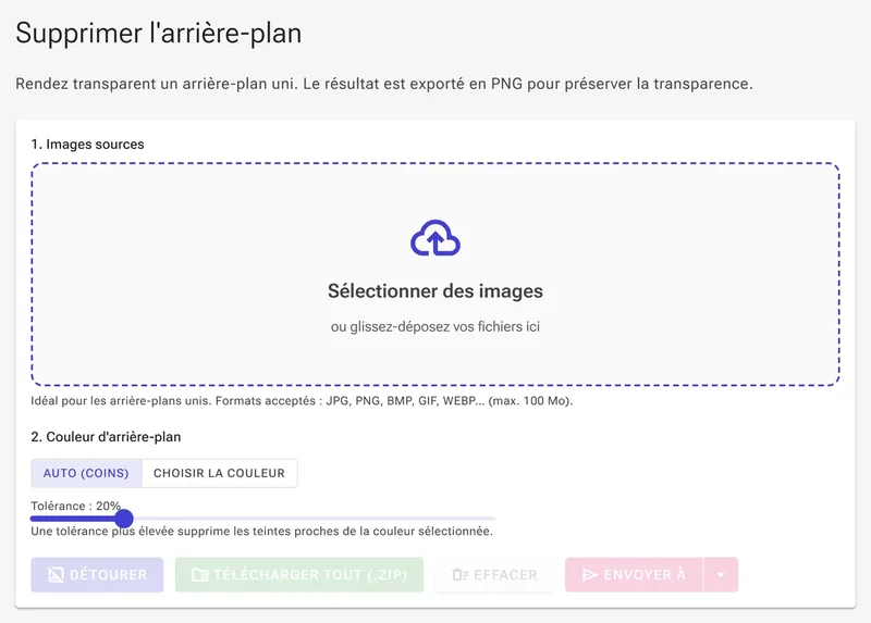Zone de dépôt du détourage avec le bouton Sélectionner des images