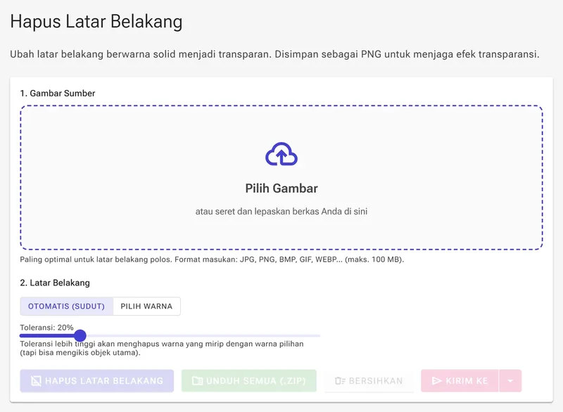Area unggah penghapus latar belakang dengan tombol Pilih Gambar