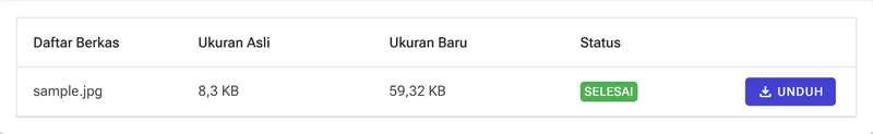 Baris hasil menunjukkan ukuran file baru, status Selesai, dan tombol Unduh