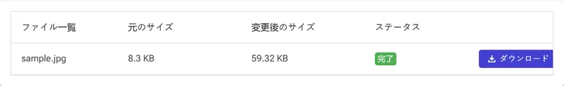 新しいファイルサイズ、完了ステータス、ダウンロードボタンが表示された結果行
