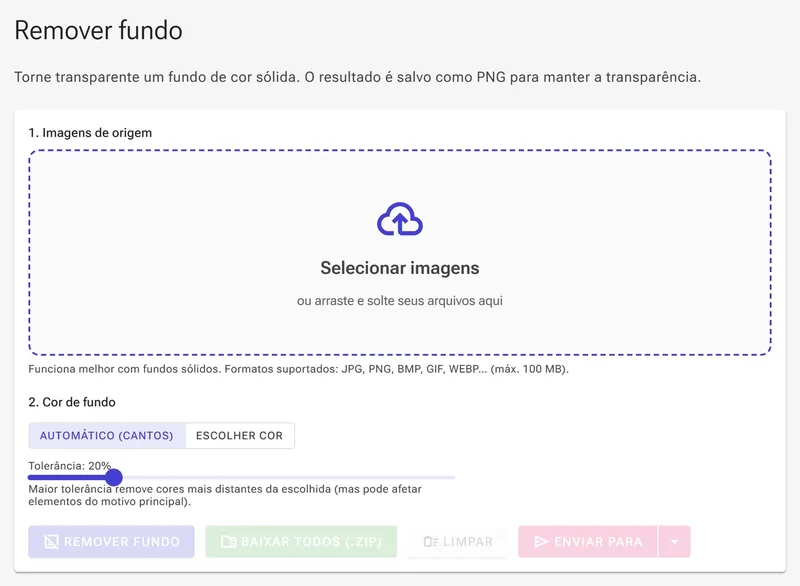 Área de envio do removedor de fundo com o botão Selecionar imagens